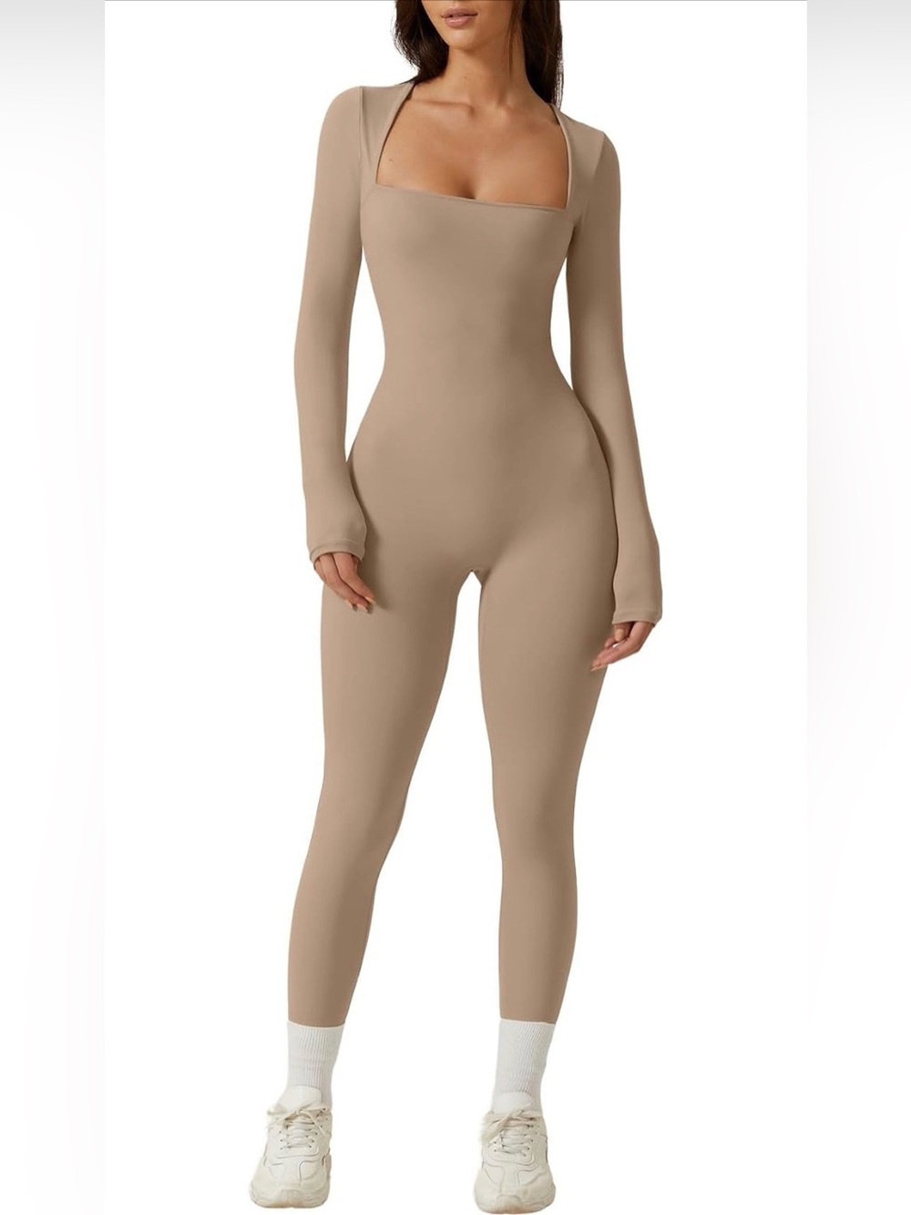 Qinsen Long-Sleeve Square Neck Sculpting Bodysuit - Taupe